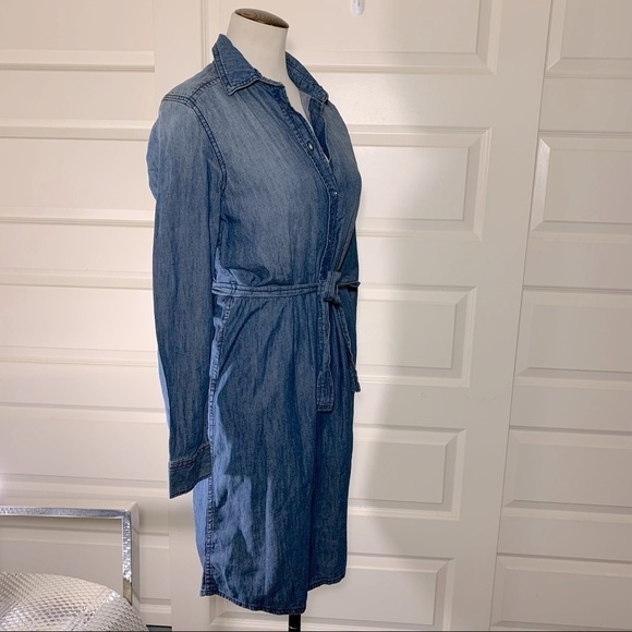 Denim Dress Blue XS Long Sleeves Belted Button Front Chambray Cotton Minimalist - Picture 4 of 10